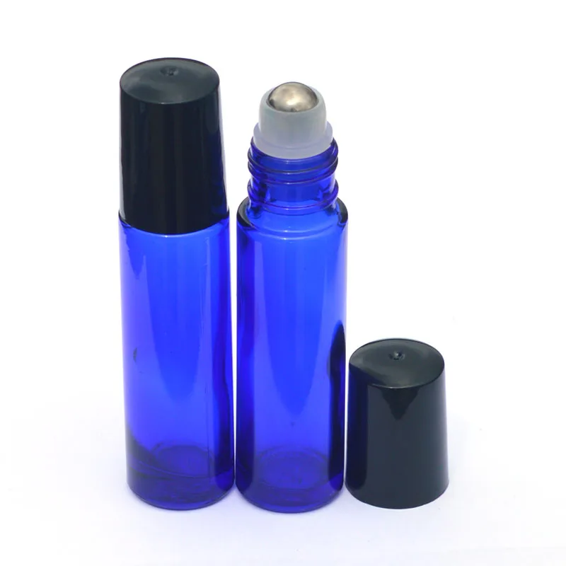 50pcs 10ml Blue Perfume Roller Bottle Essential Oil Empty Roll-On Sample Glass Bottle with Black Plastic Cap