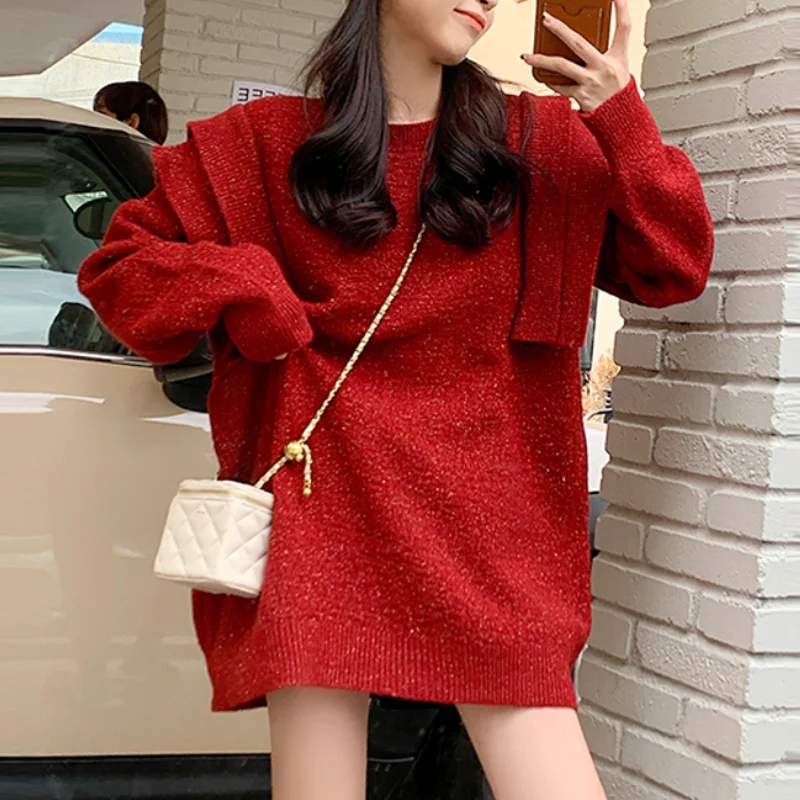 

Женский свитер, новинка 2021, корейский модный элегантный Универсальный однотонный вязаный пуловер свободного кроя с круглым вырезом и оборк...