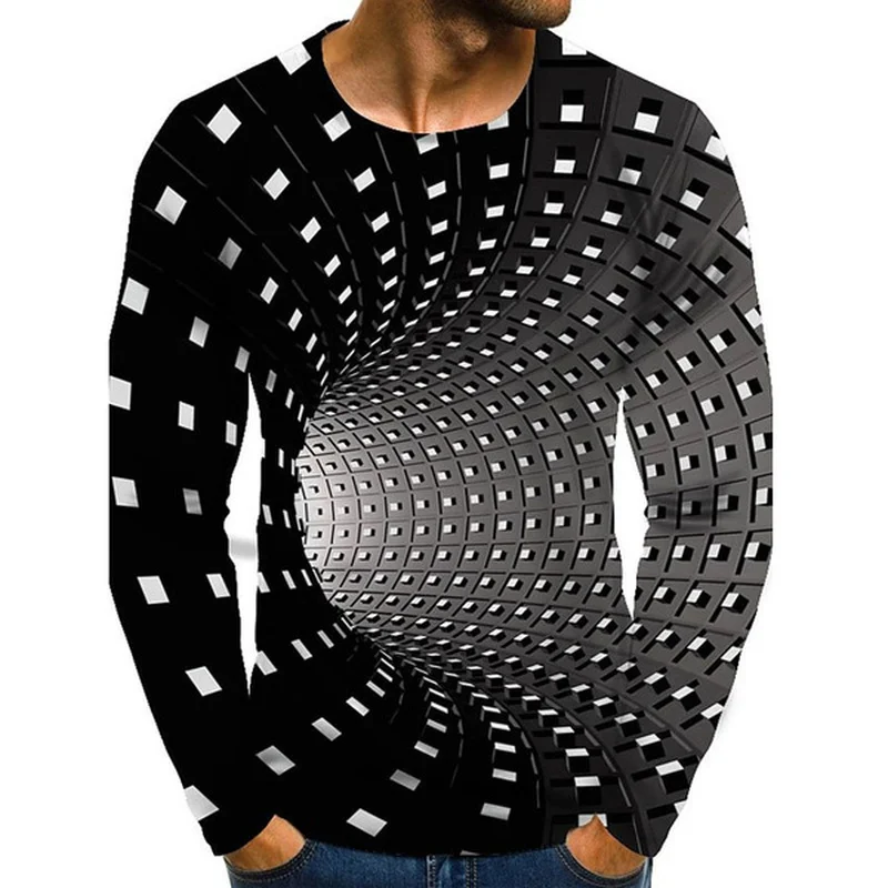 

Mens Shirts Graphic Optical Illusion Plus Size Print Long Sleeve T-shirts Spring Summer Streetwear Exaggerated Round Neck Tops
