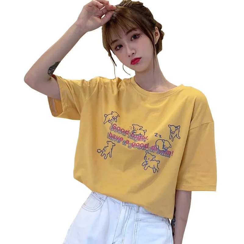 

Футболка женская в стиле Харадзюку, милый свободный хлопковый топ с рисунком овцы, с коротким рукавом, в Корейском стиле, ольччан, футболка с...