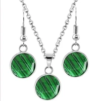 ethnic style silver plated round malachite stone pendant link chain necklace earrings fashion jewelry sets