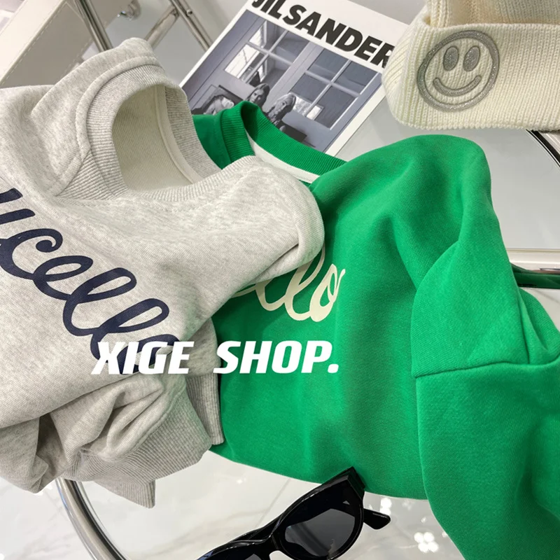 

Early Autumn Letter Neck Sweater Women's Korean-Style Loose Contrast Color Printed White Green Casual Rac