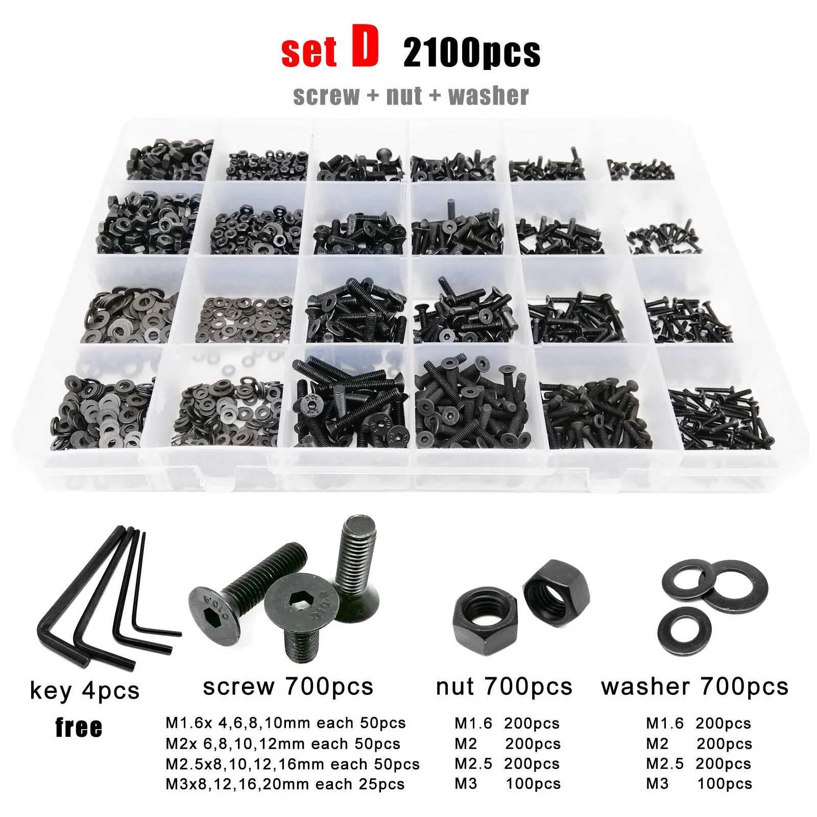 400/2100pcs M1.6 M2 M2.5 M3 M4 M5 Black Grade 10.9 Steel Hex Hexagon Socket Flat Countersunk Head Screw Bolt Nut Washer Set Kit |