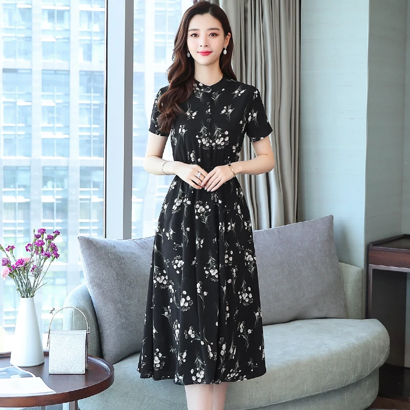 

Office Lady Summer Dress Women Stand Collar Short Sleeve Black Floral Print Long Chiffon Dresses S-XXL