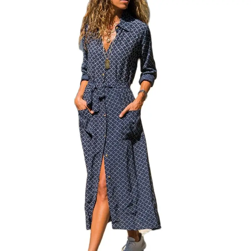 Женское платье макси с цветочным принтом длинным рукавом и поясом|Женские