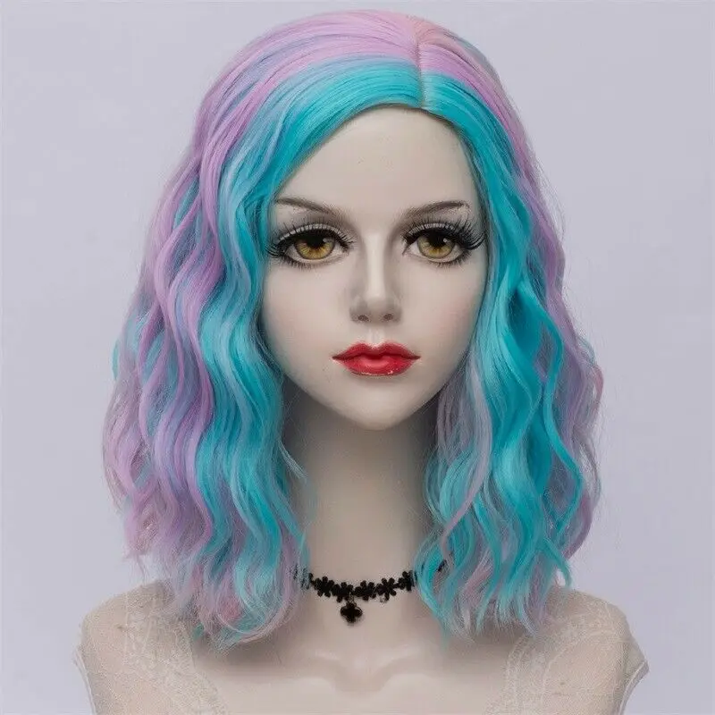 blue pink wig 27 стиль радуги многоцветные Хэллоуин 35 см вьющиеся синтетические парик Лолита Средний Омбре вечерние Косплей - Цвет: blue pink wig