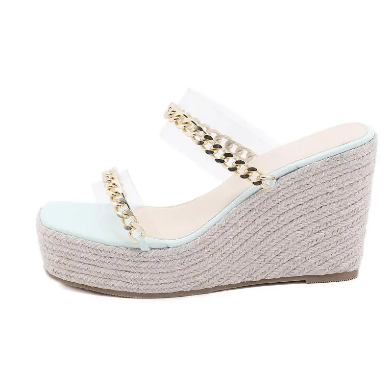 

Fashion Women Sliders Slippers for Ladies Hemp Rope Weave Wedge Heel Ladies Sandals Heels Transparent Chain Open Toe Slippers