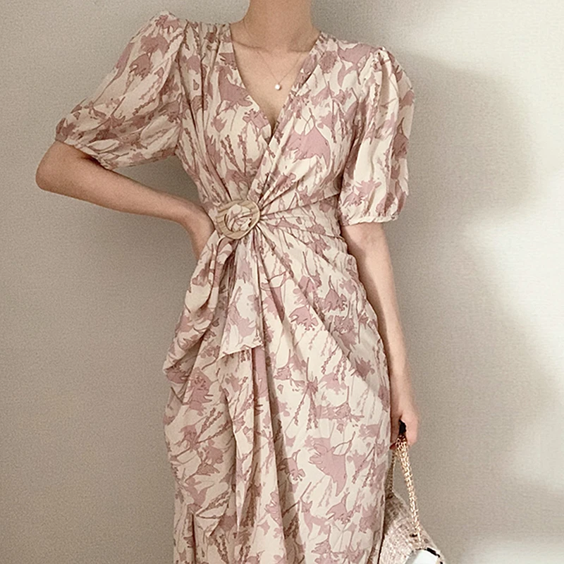 

ZAWAHIKI Korean Elegant Fashion Women Dress Summer V Neck Puff Sleeve High Waist Irregular Design Dress Print Mid-calf Vestidos