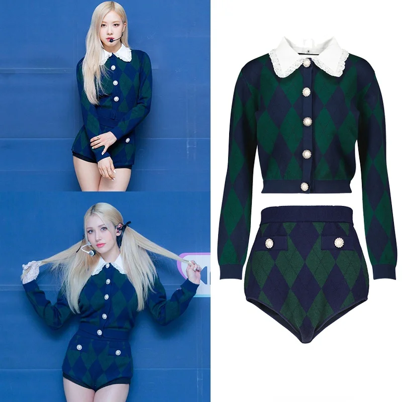 

Kpop korea Celebrity ROSE Jazz Dance Women Plaid Lapel Cardigan Sweater Coat + Slim Knitted Elastic Shorts Women Two-Piece Suit
