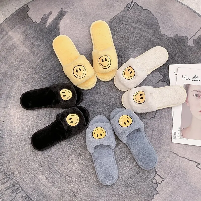 Зимние тапки Новые модные с принтом Улыбка женские тапочки Теплая обувь на