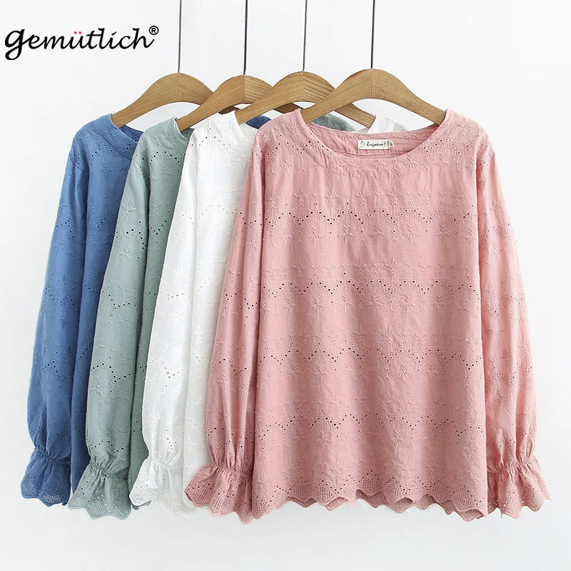 Женская хлопковая ажурная блузка с круглым вырезом и длинным рукавом|Блузки| |