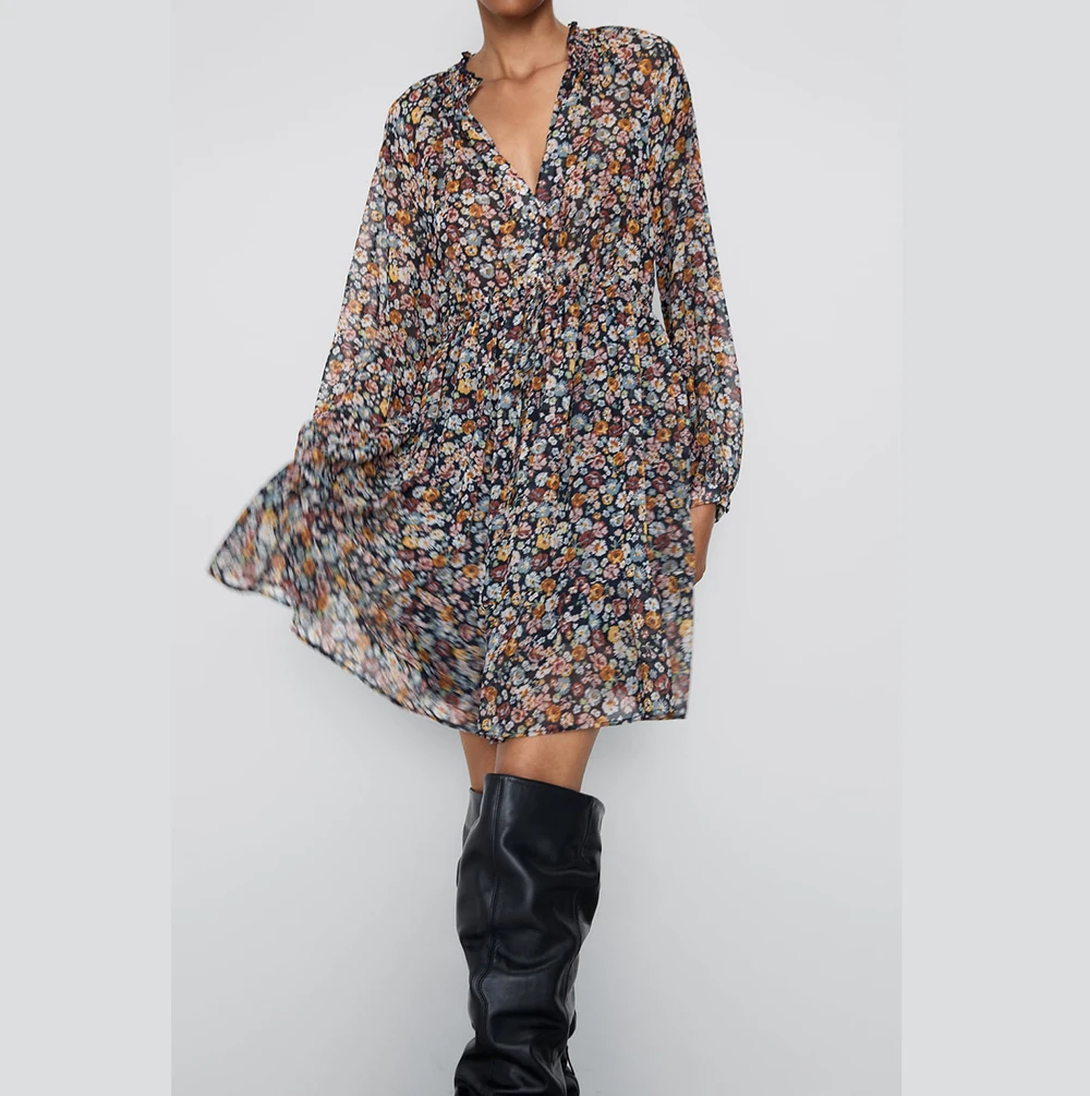 Женское винтажное платье с цветочным принтом ZA свободное корейское вечерние