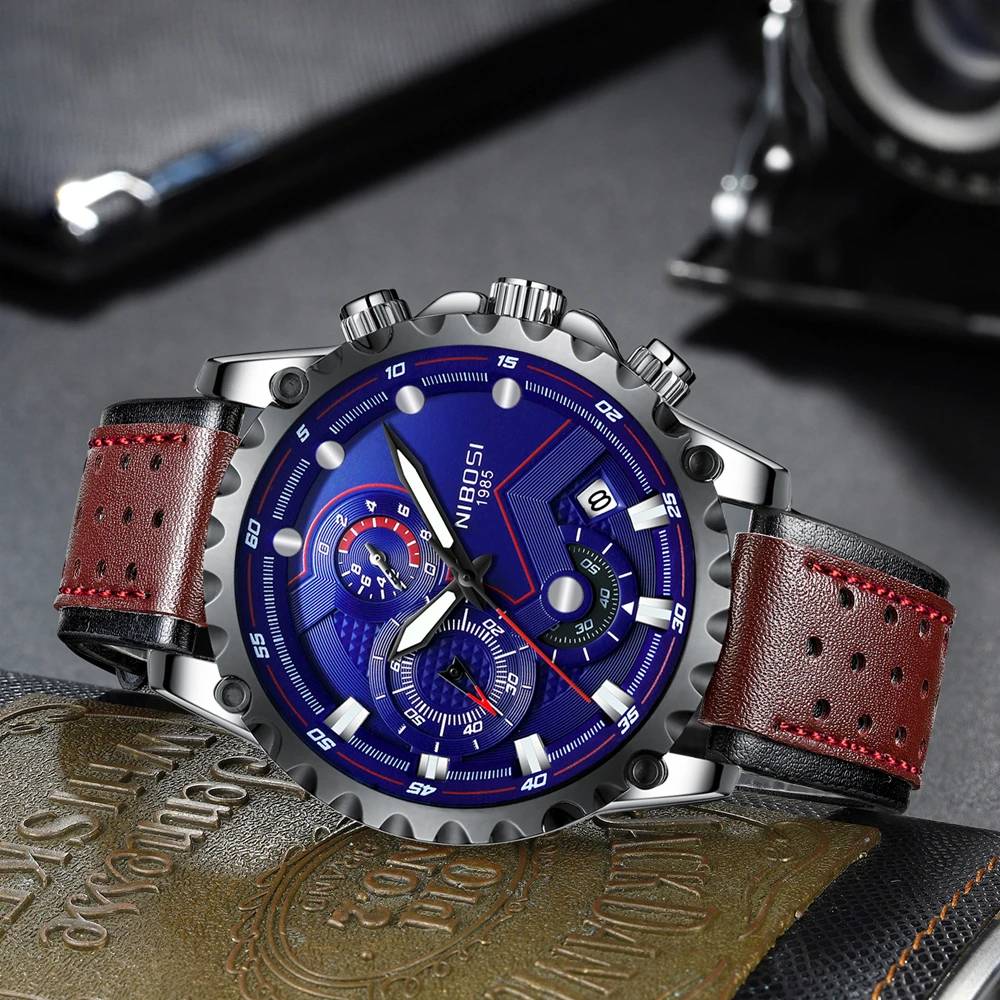 NIBOSI Top Brand Luxury Blue Mens Watches Great Lether Strap Chronograph Waterproof Quartz Business Men Watch Relogio Masculino | Наручные