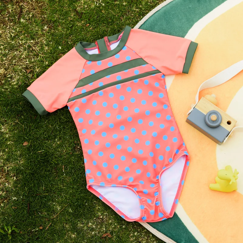

1 Pcs Set Kids Swimsuit Cute Girls Short Sleeve Kids Swimsuit Pink Dots Maillot De Bain Enfant Sportswear Accessories EI50CS