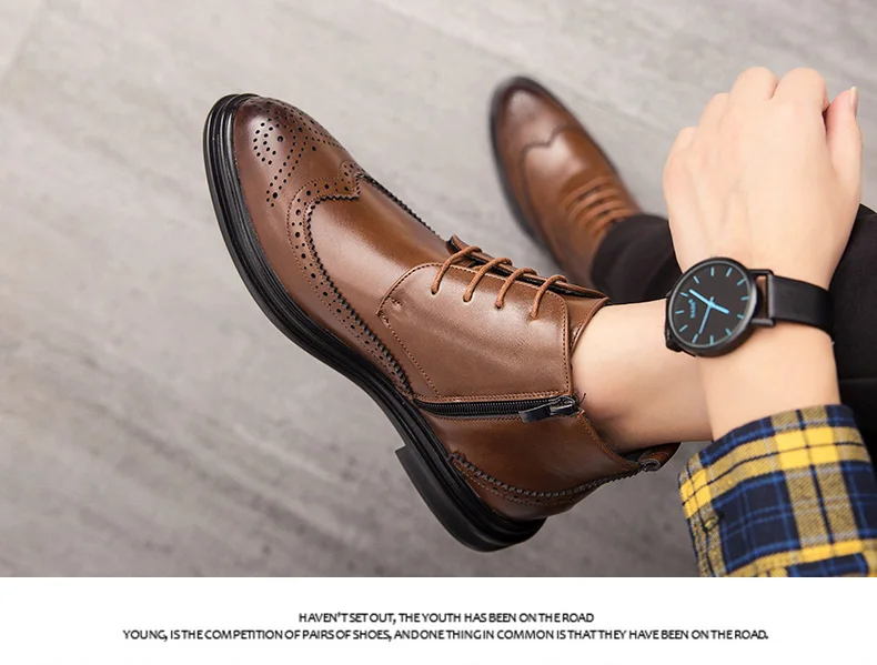 BIMUDUIYU Autumn New Men Leather Ankle Oxford Boots British Style Male Casual Lace Up Derby Shoes Fashion High Top Brogue Shoes