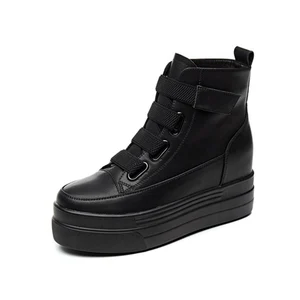 Женские ботинки из натуральной кожи, на плоской платформе, повседневные ботинки на липучке, ботильоны на высоком каблуке, Осень-зима, 2019