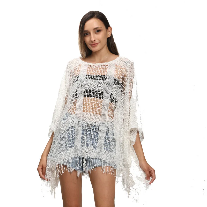

Loose Hollowed out Ponchos Capes Cloak Summer Women Fashion Tassel Beach Cover Top for Travel Vacation