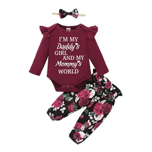 Осенняя одежда для маленьких девочек из 3 предметов одежда с длинными рукавами для маленьких девочек Комбинезон с цветочным принтом Mommy's World для папы и девочки, наборы повязок на голову