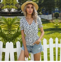 tops for womens fashion v neck flared short sleeve printed chiffon waist floral blouses female 2021 spring summer new