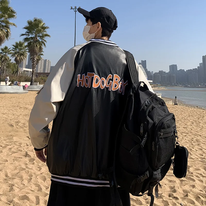 

Mens Spring Autumn Loose Bomber Jackets Men's Vintage Color Contrast Leather Jacket Casual Baseball Locomotive Windproof Jackets