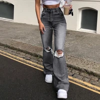 women casual high waist ripped hole straight flare jeans mom washed denim pants 90s baggy jeans streetwear trousers bleached