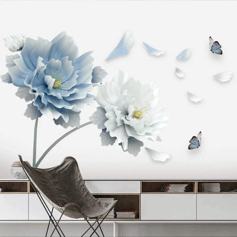 

Big Blue Flower Lotus Butterfly Removable Wall Stickers 3D Wall Art Decals Mural Art for Living Room Bedroom Home Decor