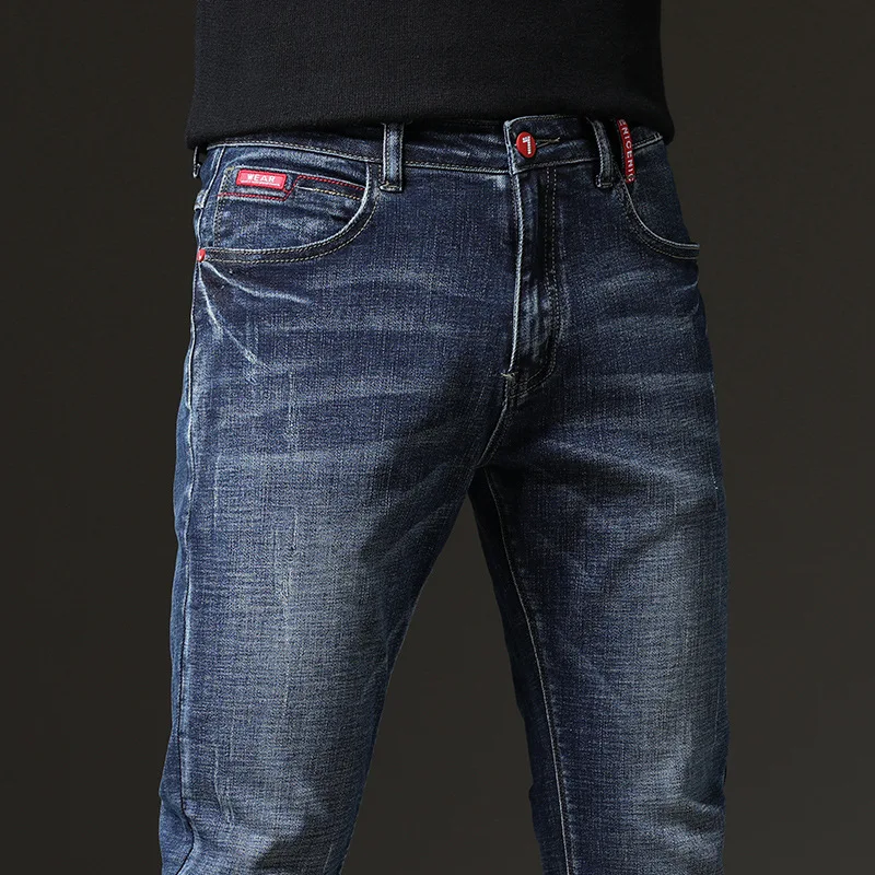 Осенние мужские джинсы, однотонные микро-Эластичные Классические джинсы, мужские прямые облегающие модные джинсовые брюки, новинка 2020