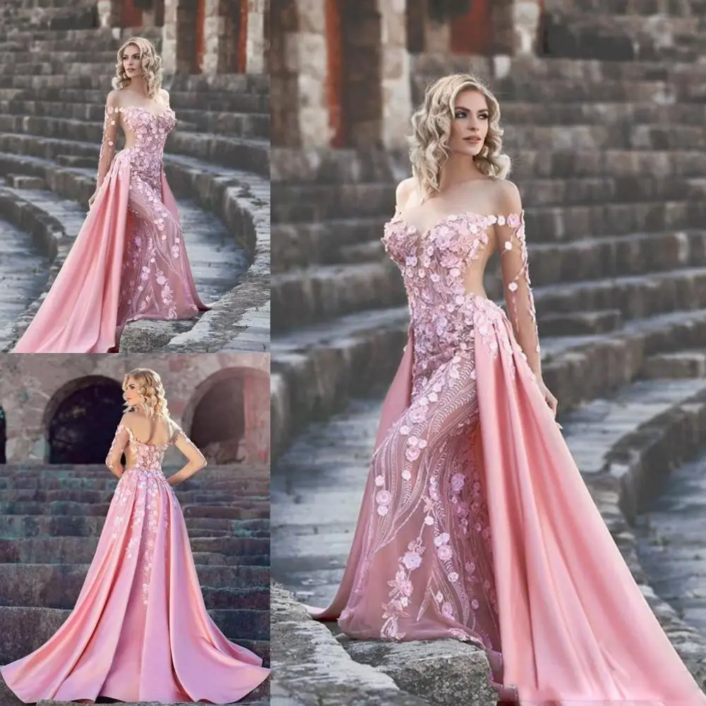 

2019 Couture Evening Dress Mermaid 3D Flowers Lace Appliques Detachable Train Prom Gowns Illusion Long Sleeve Formal Party Dress