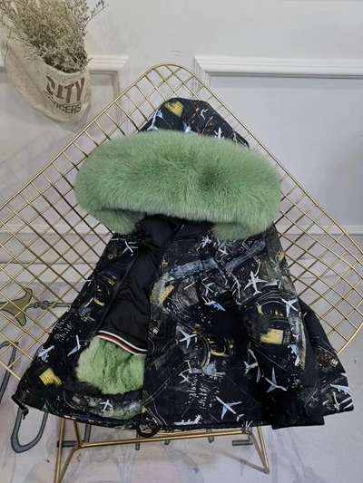 Aircraft Green Fur Children Winter Jacket Graffiti Boys Girls Real Fur Coat Thick Warm Rabbit Fur Kids Jacket Coat Furry Natural Fur Collar TZ428 - Цвет: Aircraft Green Fur