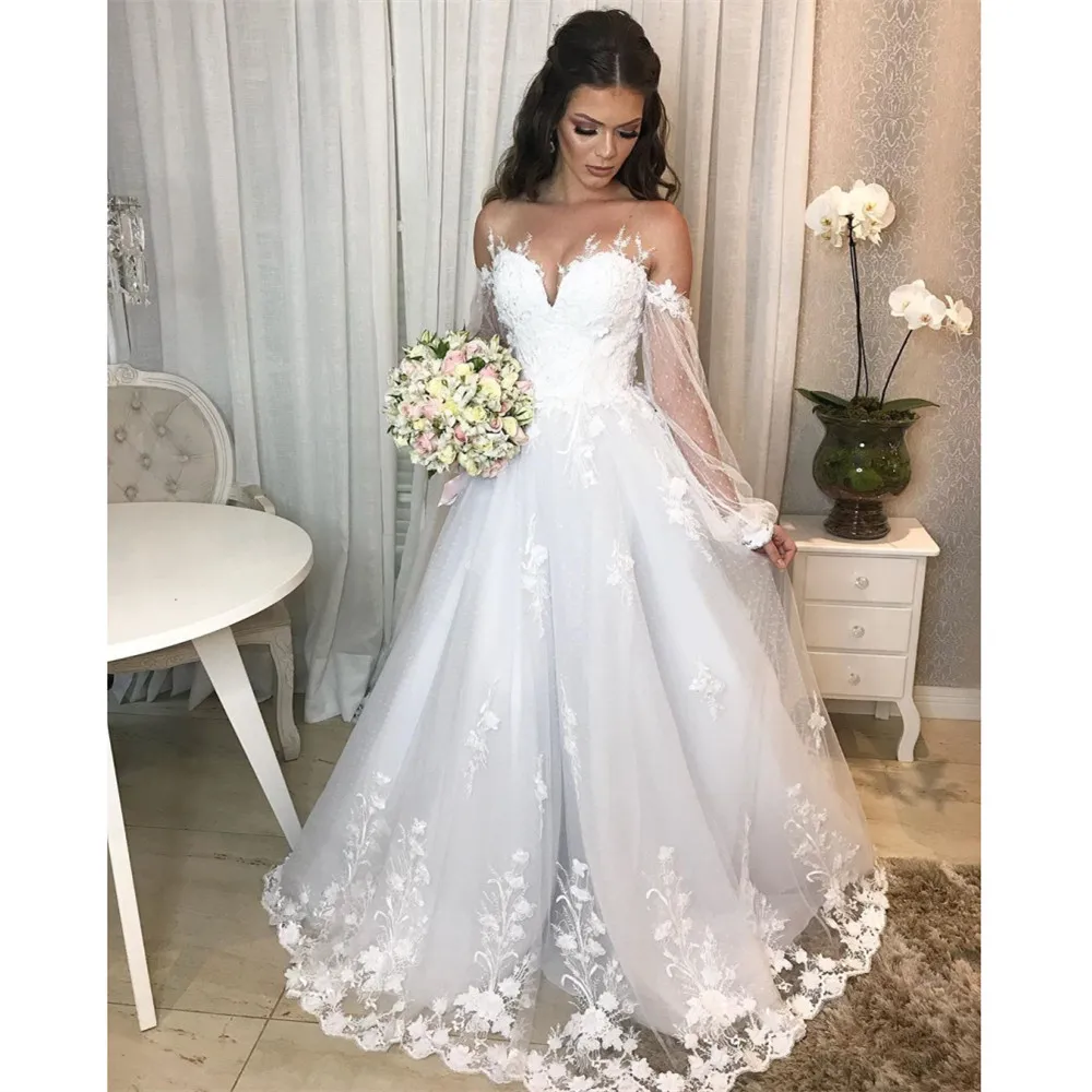 

Elegant Wedding Dress Sweetheart Lace 3D-flowers Lantern Sleeve A-line Tulle vestidos de novia Cathedral Train Bridal Gowns 2021