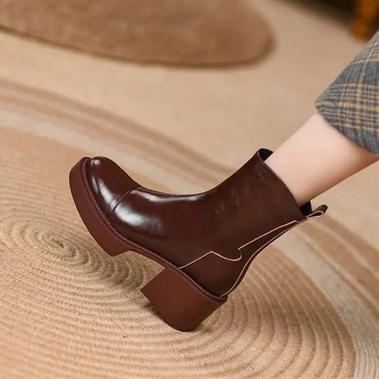 

New Fall Shoes Women Leather Platform Shoe 2021 Fashion Women Boots Round Toe Chunky Boots Women Solid Black Women Shoes