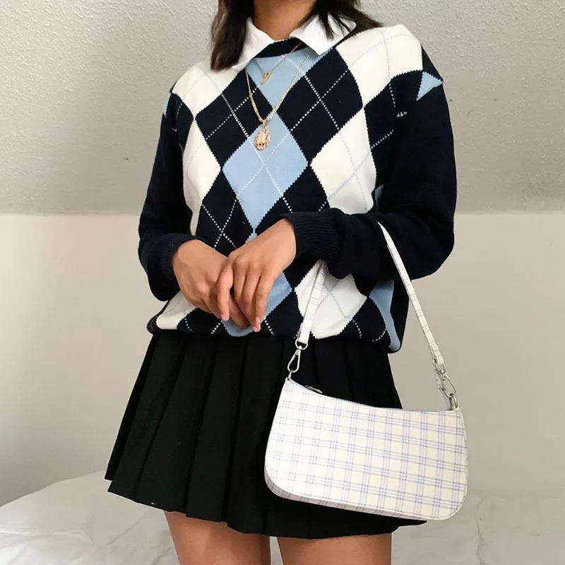 

Argyle Cottagecore Knit Pullovers Women Fashion O Neck Slim Casual Sweatshirts 2021 Y2k Indie Spring Autumn New Long Sleeve Tops