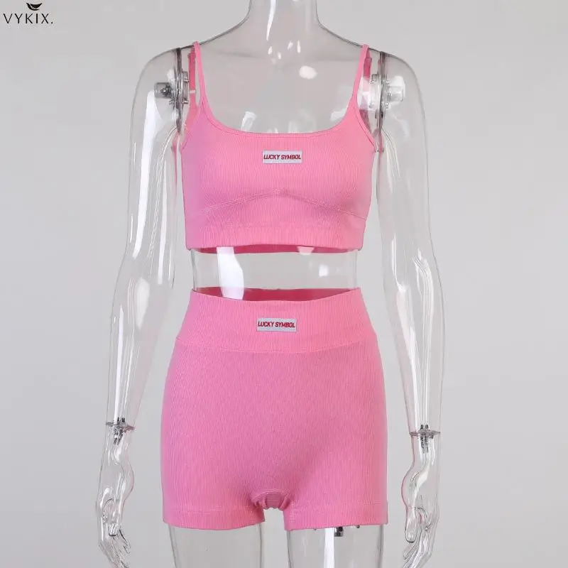 

Fashion Ribbed Letter Print Women 2 Piece Sets Patchwork Crop Top Camis Strap Biker Shorts Bodycon Sporty Tracksuits 2021 Summer