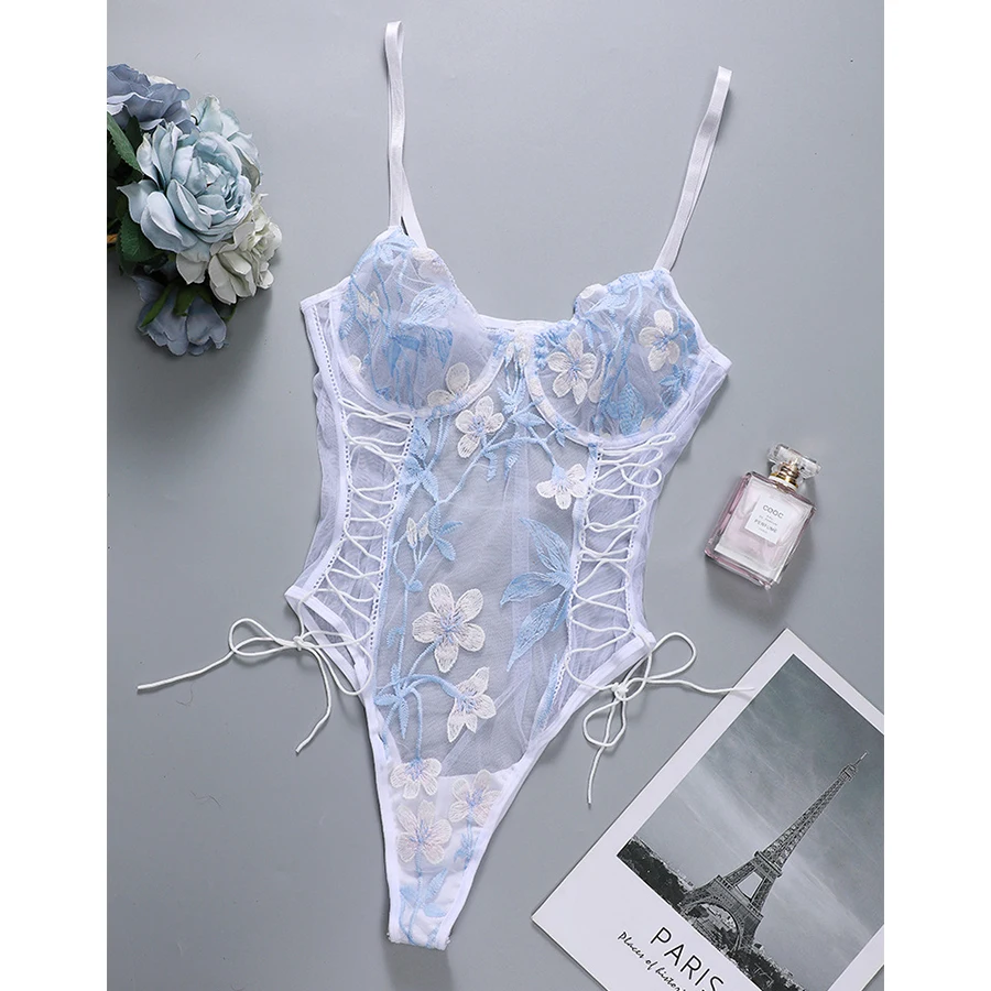 

Erotic Underwear Sexy Embroidery Lace Bodysuit Open Crotch Sexy Lingerie Porno Hollow Transparent Lenceria Mujer Babydoll Teddy