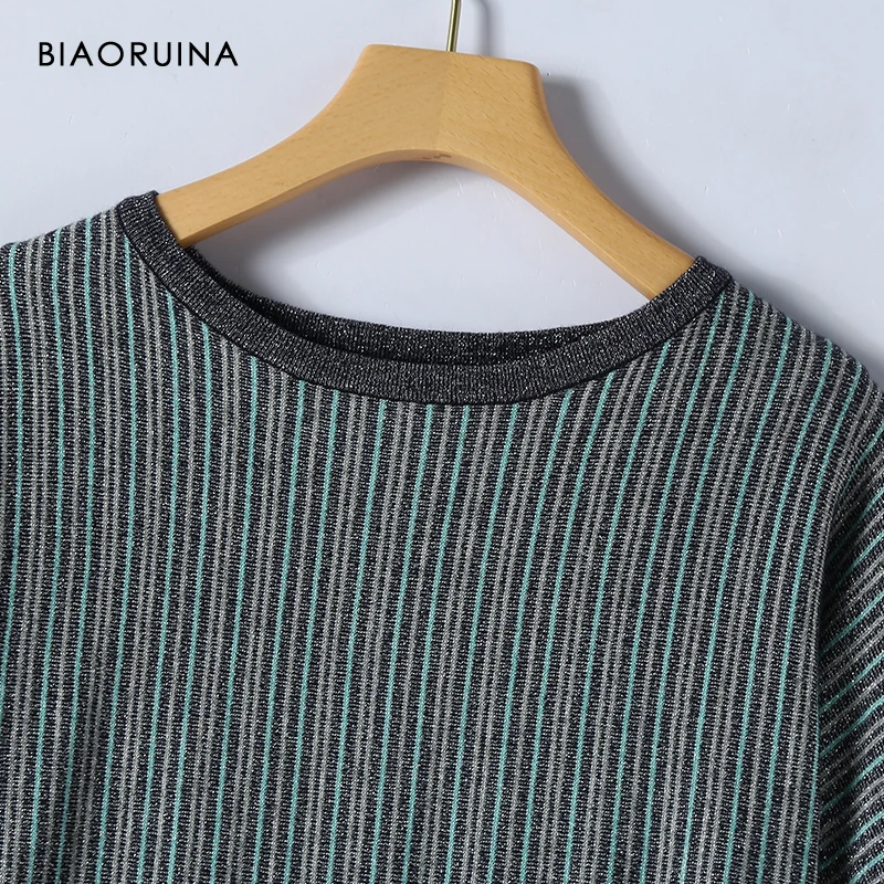 BIAORUINA Женский Повседневный тонкий вязаный свитер в разноцветную полоску с