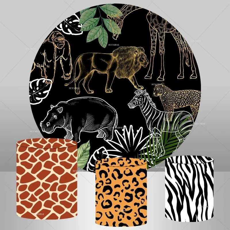 

Мальчики сафари джунгли круглый фон черные дикие животные Дети День Рождения Вечеринка фон цилиндрические крышки под заказ круглый фон