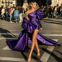 sevintage summer purple mini prom dresses with detachable train pleats long sleeve evening gowns pageant dress robes de soir%c3%a9e