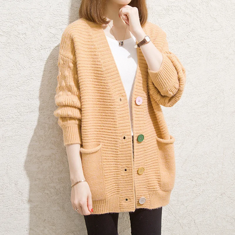 

2021 autumn and winter new women's knitted cardigan female v neck long sleeve solid loose sweater women