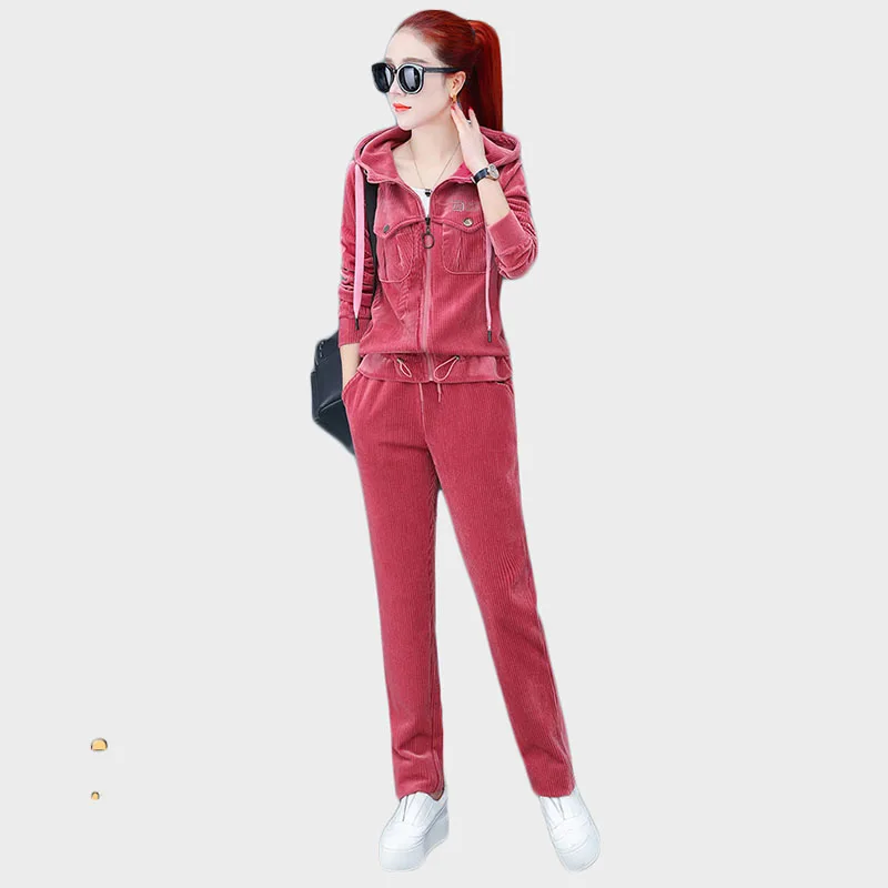 Trending Products Lady clothes set Tracksuit Corduroy Sporting suit female 2 piece set Hooded Spring / autumn Tops + pants 014