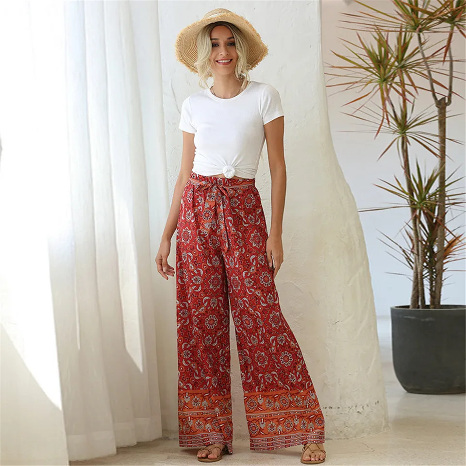 

Women Pants Summer Flower Print Loose Wide Leg Trousers For Women Bohemian Thin Long Trousers High Waist Female Pants For Women