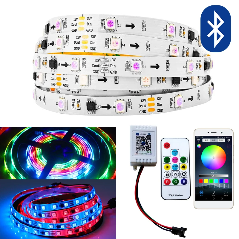 

10 м ws2811 IP65 Bluetooth RGBIC светильник вая полоса с радиочастотным дистанционным управлением Беспроводная Dreamcolor Smart Pixel светодиодная полоса для дом...