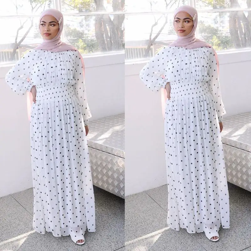 

New Muslim Women Long Sleeve Polka Dot Chiffon Maxi Dress Smocked Waist Turtleneck Kaftan Arabic Islamic Ramada Abaya Robe