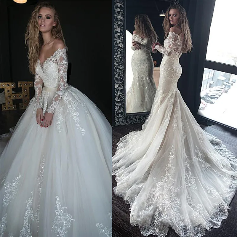 

Long Sleeves Mermaid Lace Appliques Wedding Dresses 2 In 1 Bridal Gowns Beautiful Custom Robe De Mariage Spring Vestidos