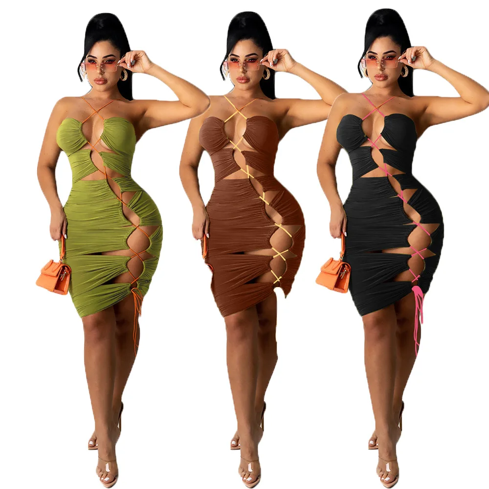 

Sexy Lace Up Hollow Out Pleated Bandage Dress for Women Criss Cross Spaghetti Strap Mid Calf Dress Elegant Backless Beach Dress
