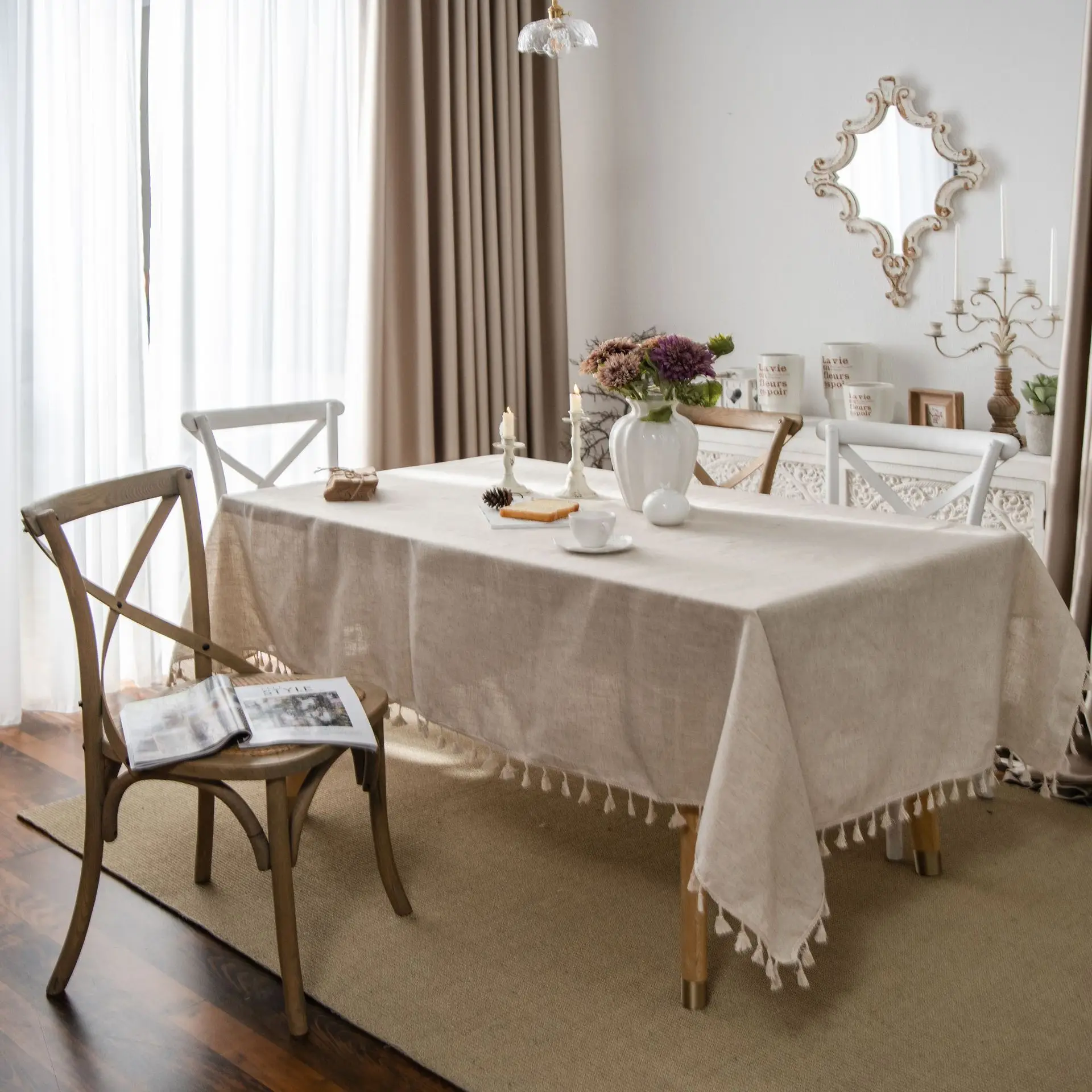 

Table cloth polyester linen solid color table cloth tassels household rectangular coffee table for living room