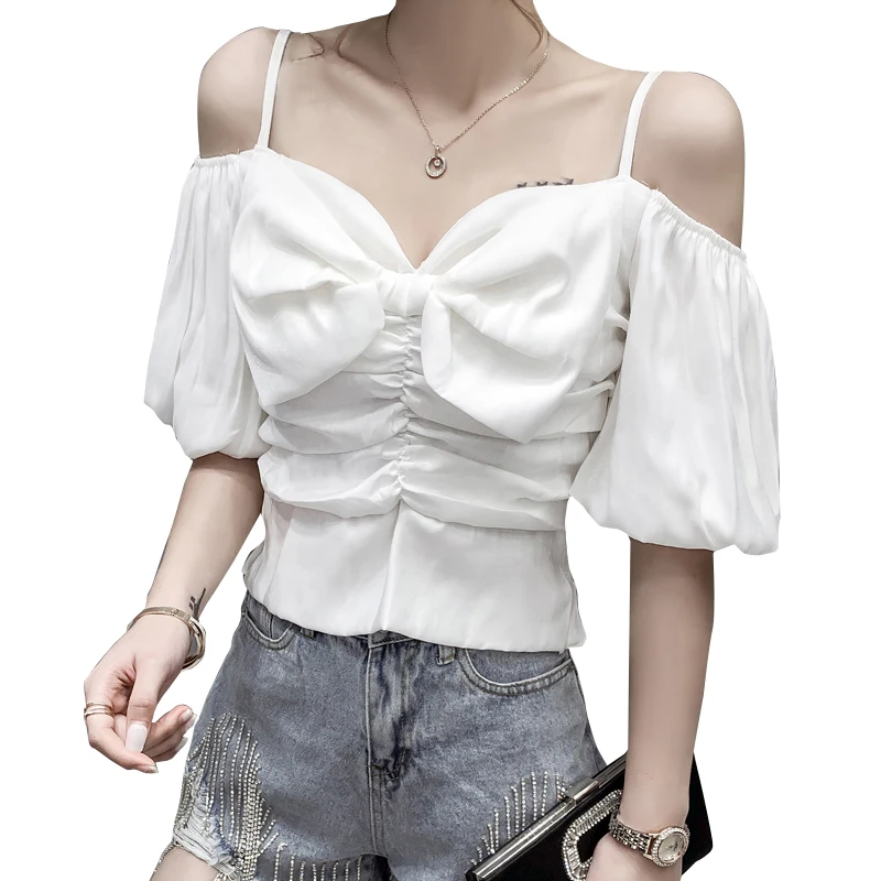 

2021summer New Korean Style off-Shoulder Shoulder-Baring Bow Puff Sleeve Blue Strap Shirt Top Women's Clothing