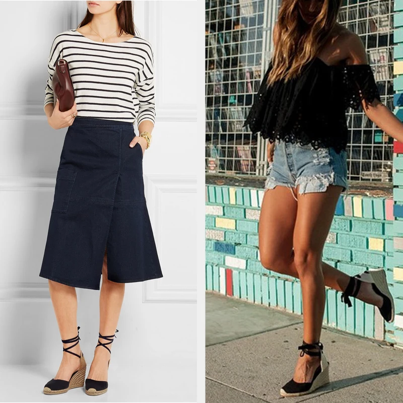 Сандалии женские холщовые эспадрильи на танкетке ремешок щиколотке шнуровка