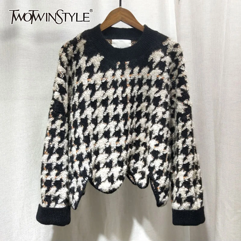 TWOTWINSTYLE Casual Loose Irregular Sweaters Women O Neck Lantern Long Sleeve Hit Color Sweater For Female 2020 Fashion Clothing | Женская