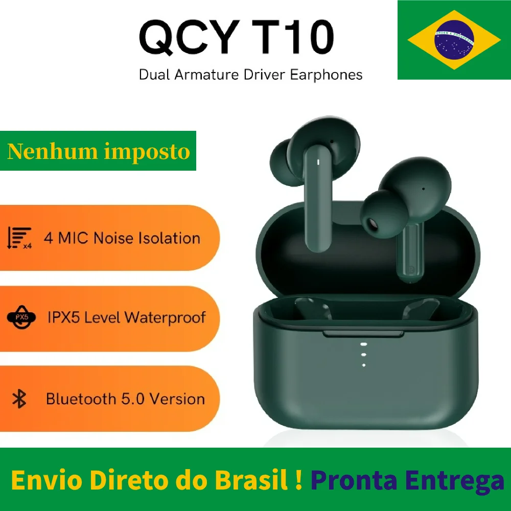 

QCY T10 Wireless Headphones Bluetooth 5.0 Four Mic HD Call Earphones Touch Control Dual Armature Driver Earbuds IPX5 Waterproof