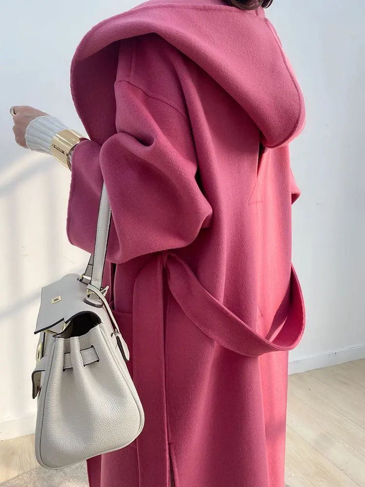 

Rose red double-sided hooded cashmere coat women's long high-end 2020 new thick plus size cocoon wool